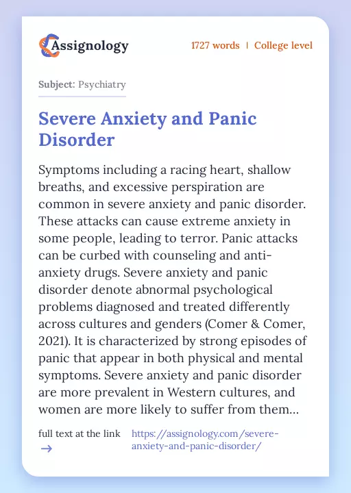 Severe Anxiety and Panic Disorder - Essay Preview