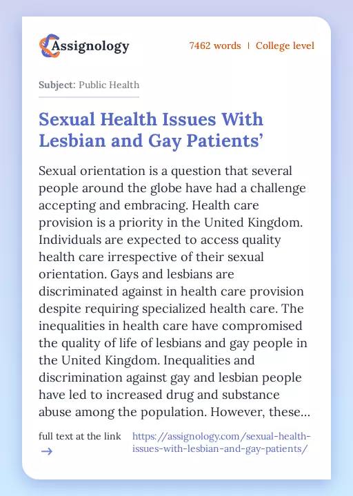 Sexual Health Issues With Lesbian and Gay Patients’ - Essay Preview
