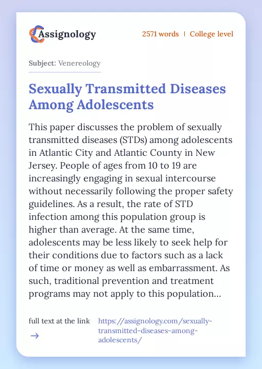 Sexually Transmitted Diseases Among Adolescents - Essay Preview