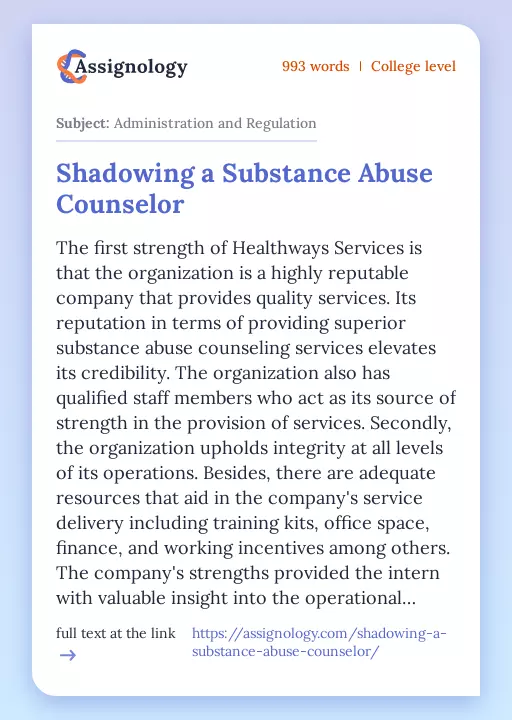 Shadowing a Substance Abuse Counselor - Essay Preview