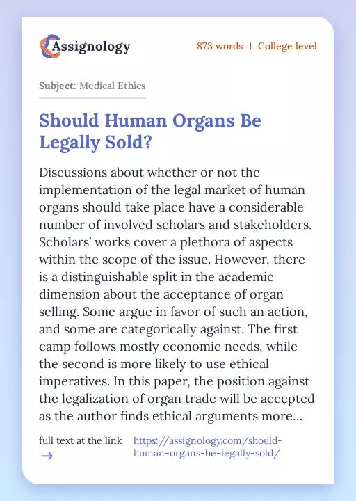 Should Human Organs Be Legally Sold? - Essay Preview