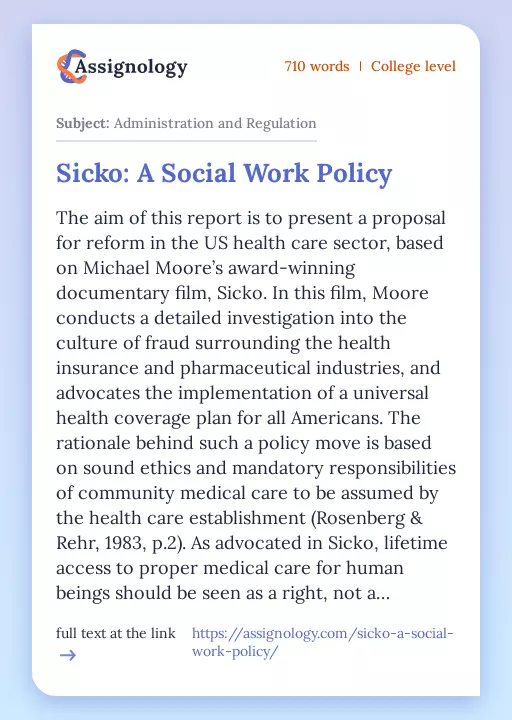 Sicko: A Social Work Policy - Essay Preview
