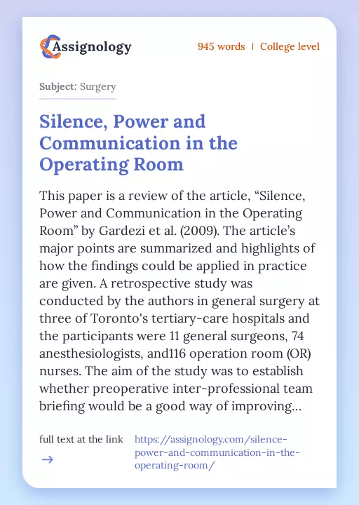 Silence, Power and Communication in the Operating Room - Essay Preview