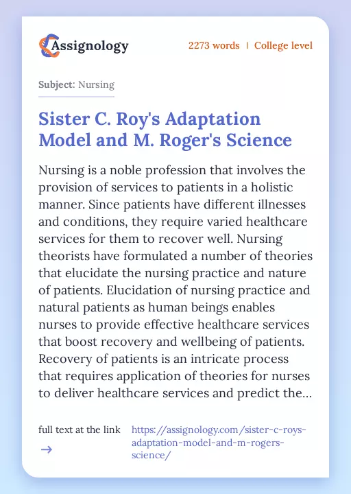 Sister C. Roy's Adaptation Model and M. Roger's Science - Essay Preview