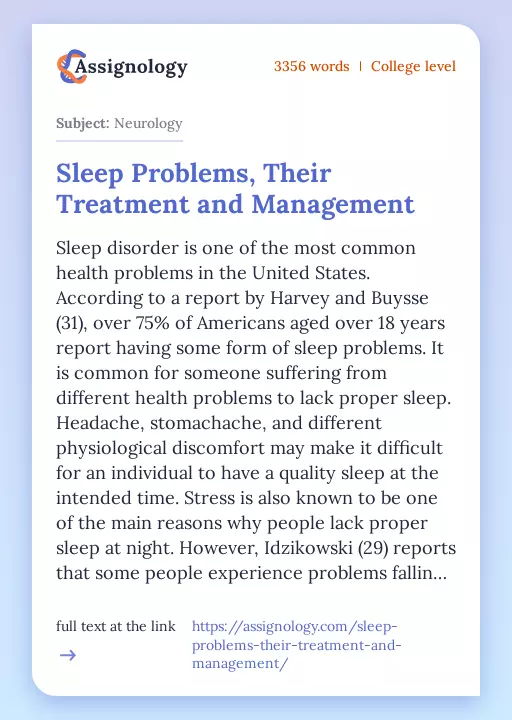 Sleep Problems, Their Treatment and Management - Essay Preview
