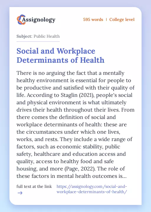 Social and Workplace Determinants of Health - Essay Preview