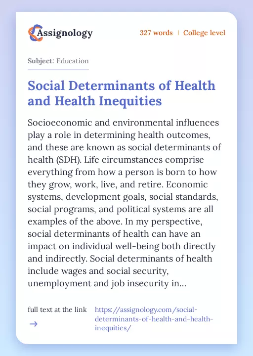 Social Determinants of Health and Health Inequities - Essay Preview