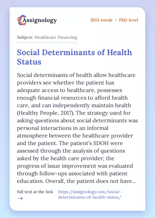 Social Determinants of Health Status - Essay Preview