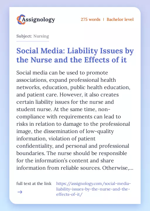 Social Media: Liability Issues by the Nurse and the Effects of it - Essay Preview