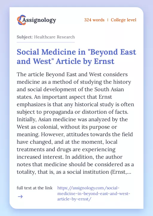 Social Medicine in "Beyond East and West" Article by Ernst - Essay Preview