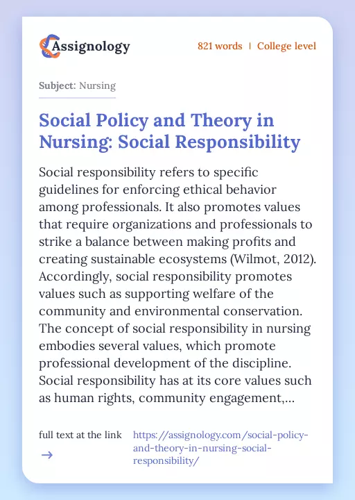 Social Policy and Theory in Nursing: Social Responsibility - Essay Preview
