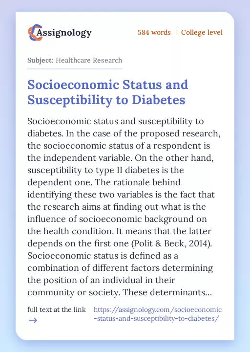 Socioeconomic Status and Susceptibility to Diabetes - Essay Preview