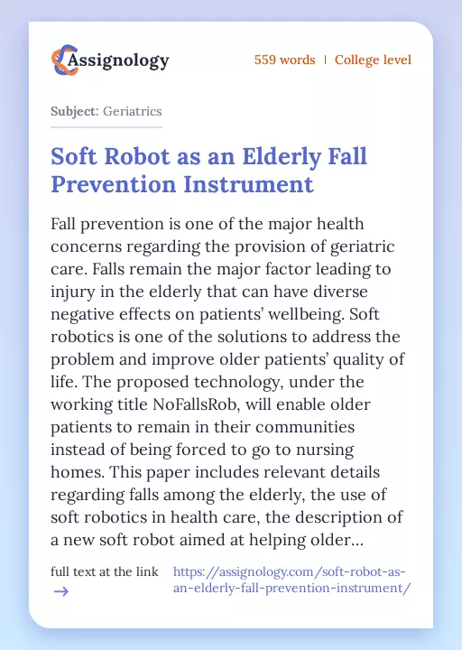 Soft Robot as an Elderly Fall Prevention Instrument - Essay Preview