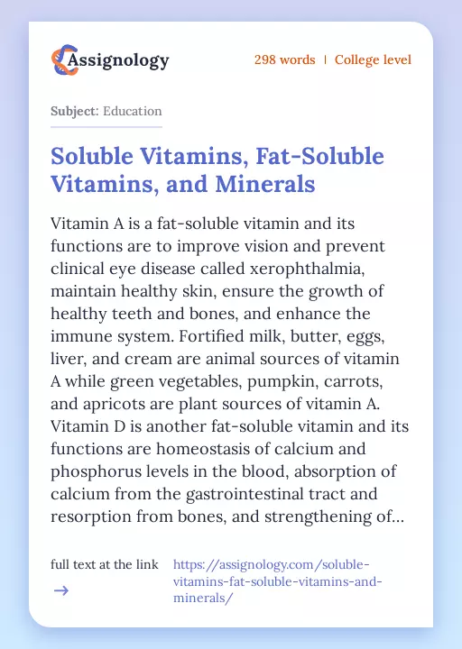 Soluble Vitamins, Fat-Soluble Vitamins, and Minerals - Essay Preview