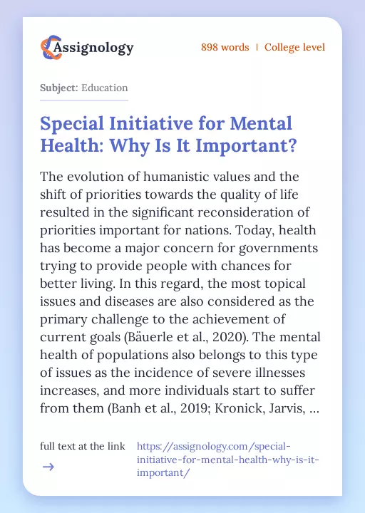 Special Initiative for Mental Health: Why Is It Important? - Essay Preview