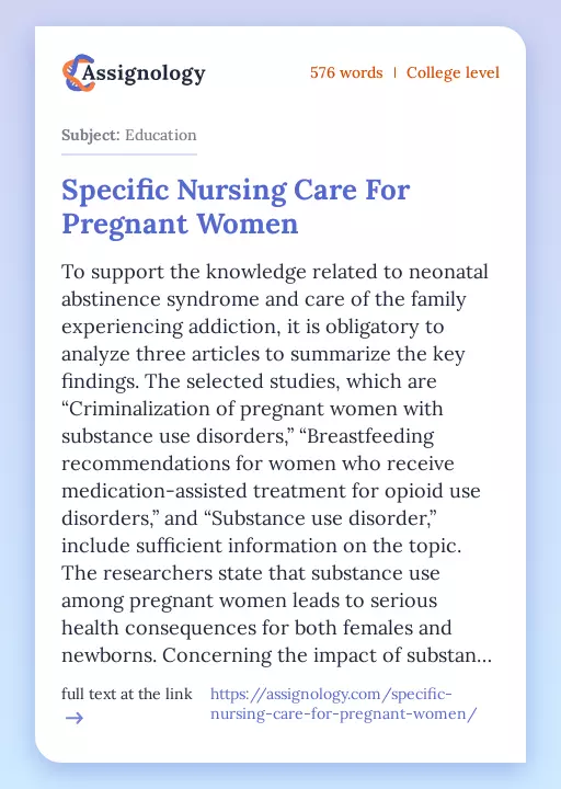 Specific Nursing Care For Pregnant Women - Essay Preview