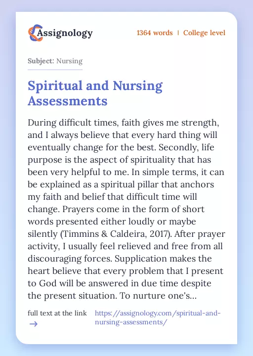 Spiritual and Nursing Assessments - Essay Preview