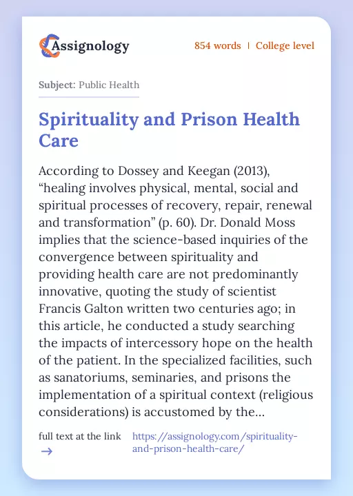 Spirituality and Prison Health Care - Essay Preview