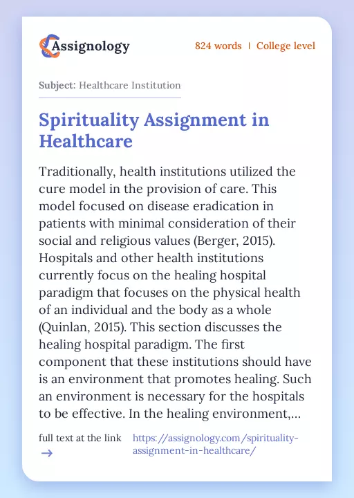 Spirituality Assignment in Healthcare - Essay Preview