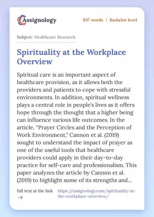 Spirituality at the Workplace Overview - Essay Preview