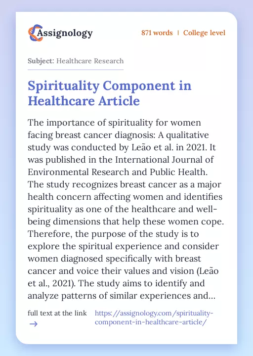 Spirituality Component in Healthcare Article - Essay Preview