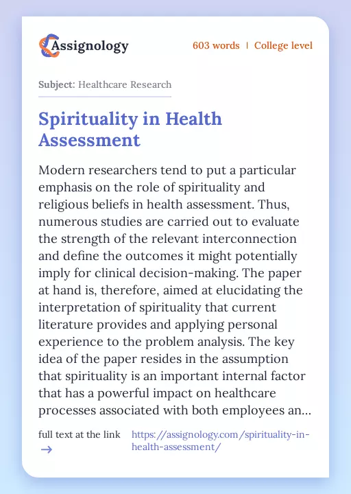 Spirituality in Health Assessment - Essay Preview