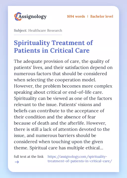 Spirituality Treatment of Patients in Critical Care - Essay Preview