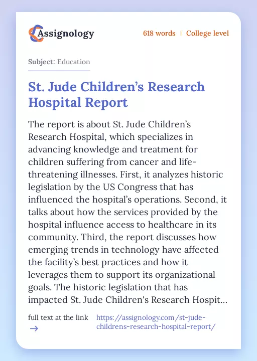 St. Jude Children’s Research Hospital Report - Essay Preview
