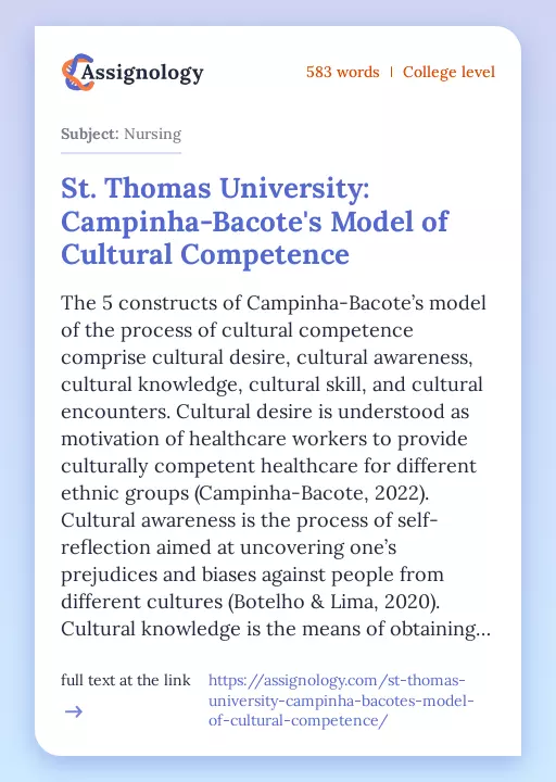St. Thomas University: Campinha-Bacote's Model of Cultural Competence - Essay Preview