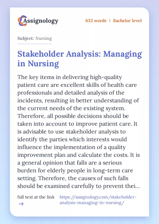Stakeholder Analysis: Managing in Nursing - Essay Preview