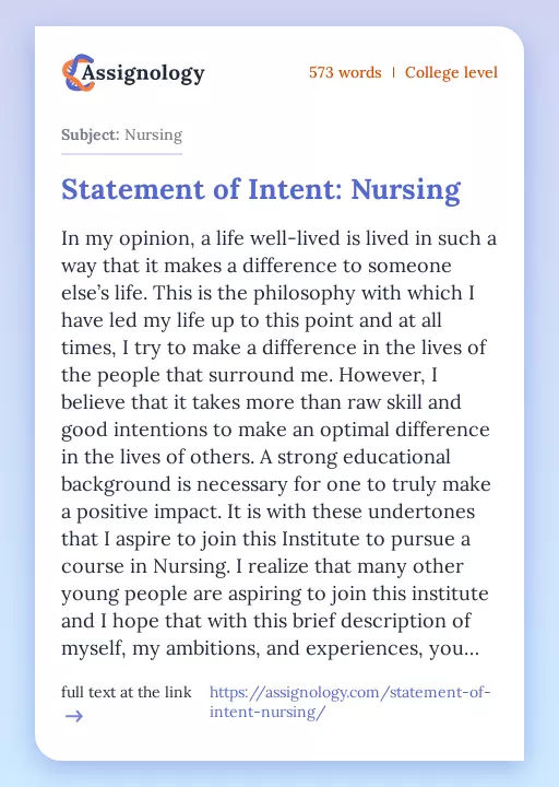 Statement of Intent: Nursing - Essay Preview