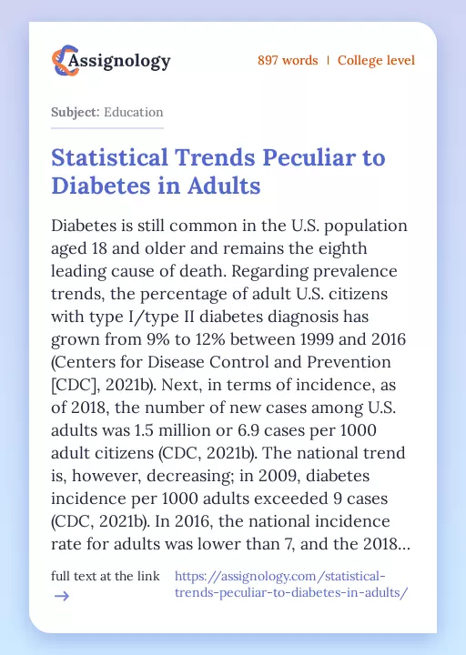Statistical Trends Peculiar to Diabetes in Adults - Essay Preview