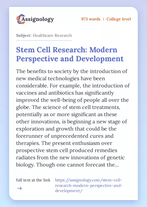 Stem Cell Research: Modern Perspective and Development - Essay Preview