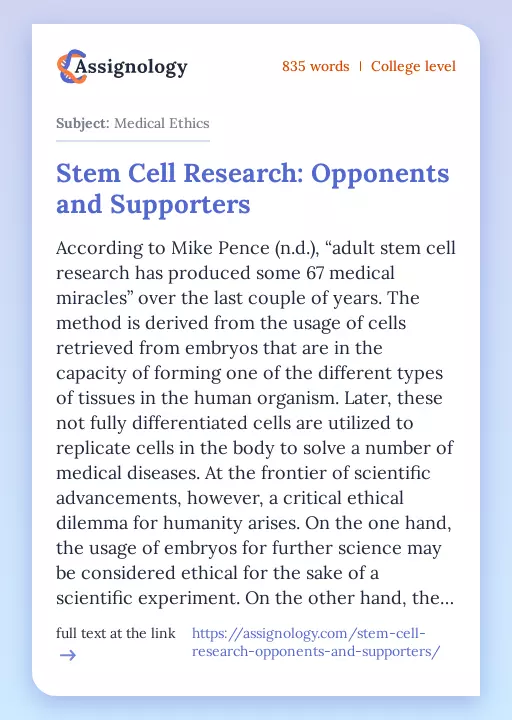 Stem Cell Research: Opponents and Supporters - Essay Preview