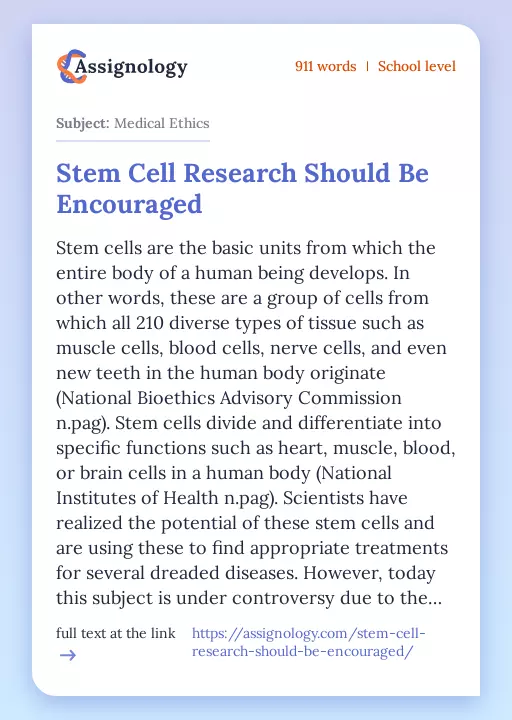Stem Cell Research Should Be Encouraged - Essay Preview