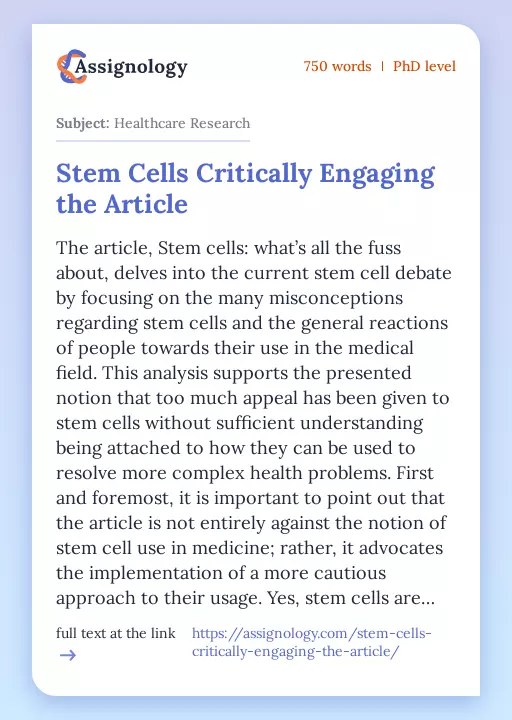 Stem Cells Critically Engaging the Article - Essay Preview