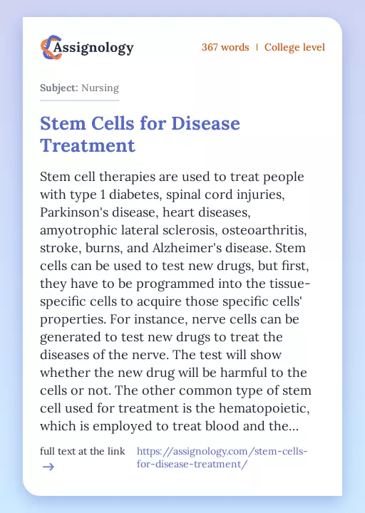 Stem Cells for Disease Treatment - Essay Preview