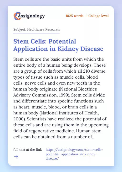 Stem Cells: Potential Application in Kidney Disease - Essay Preview