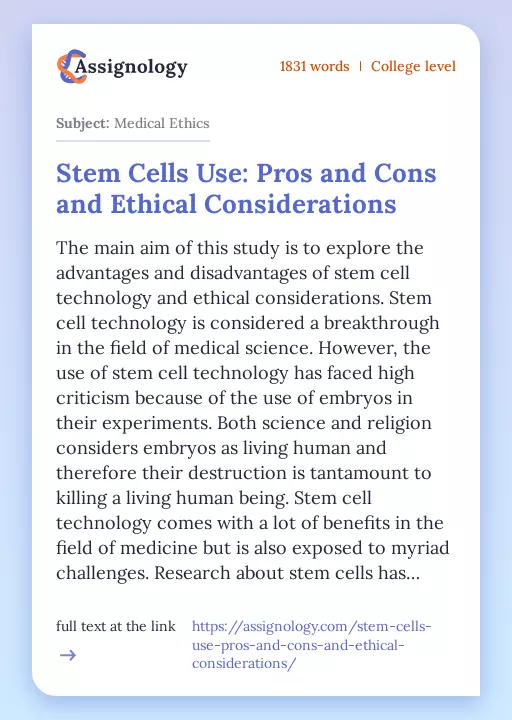 Stem Cells Use: Pros and Cons and Ethical Considerations - Essay Preview