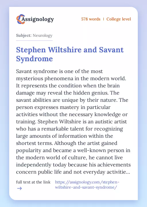 Stephen Wiltshire and Savant Syndrome - Essay Preview
