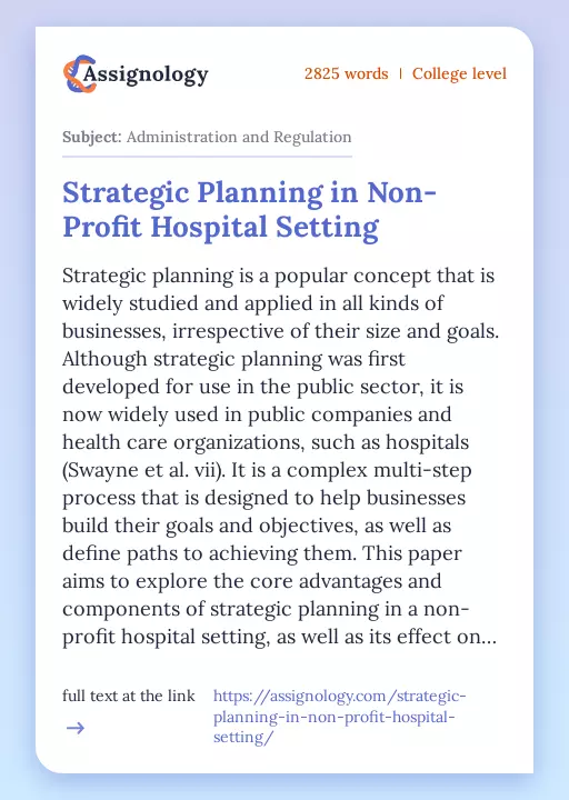 Strategic Planning in Non-Profit Hospital Setting - Essay Preview