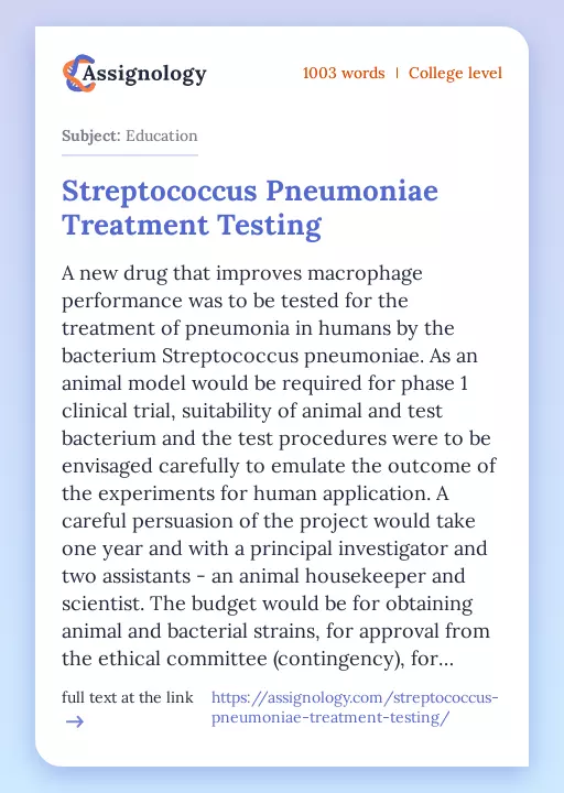 Streptococcus Pneumoniae Treatment Testing - Essay Preview