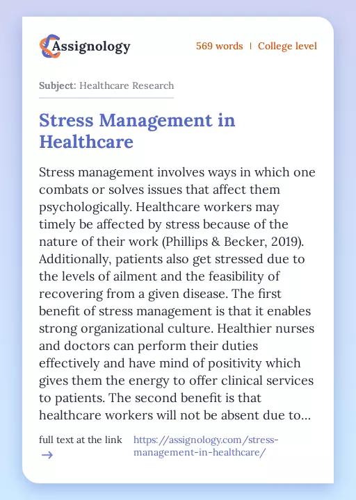 Stress Management in Healthcare - Essay Preview