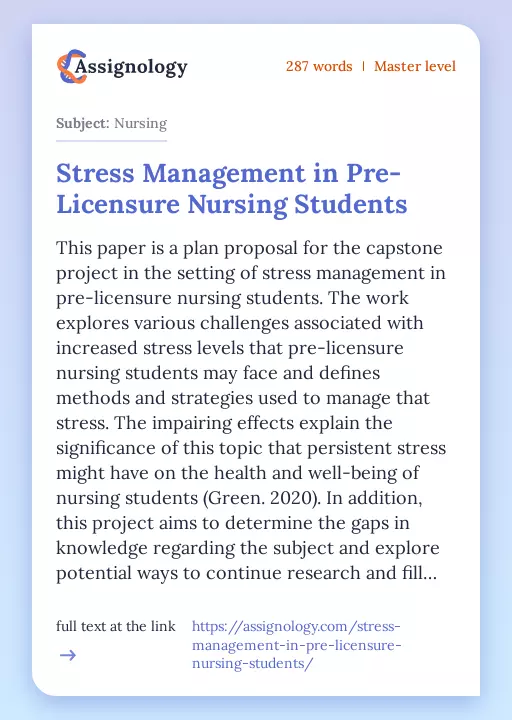 Stress Management in Pre-Licensure Nursing Students - Essay Preview