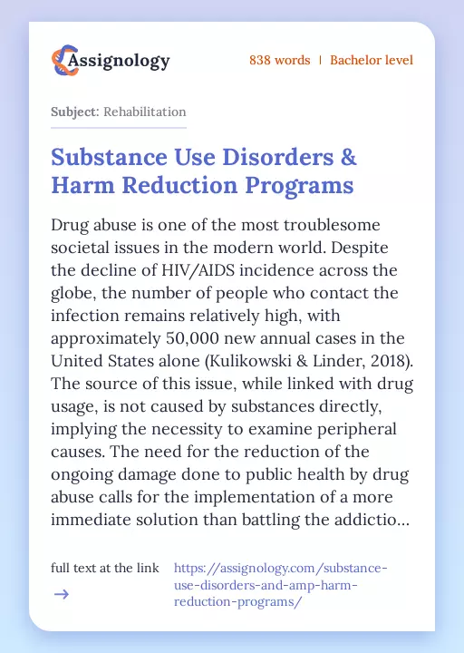 Substance Use Disorders & Harm Reduction Programs - Essay Preview