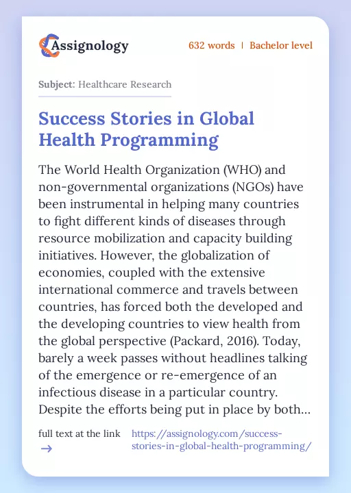 Success Stories in Global Health Programming - Essay Preview