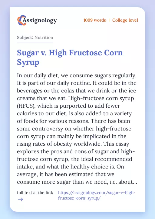 Sugar v. High Fructose Corn Syrup - Essay Preview