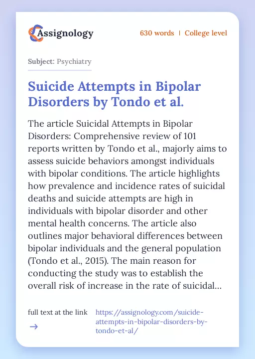 Suicide Attempts in Bipolar Disorders by Tondo et al. - Essay Preview