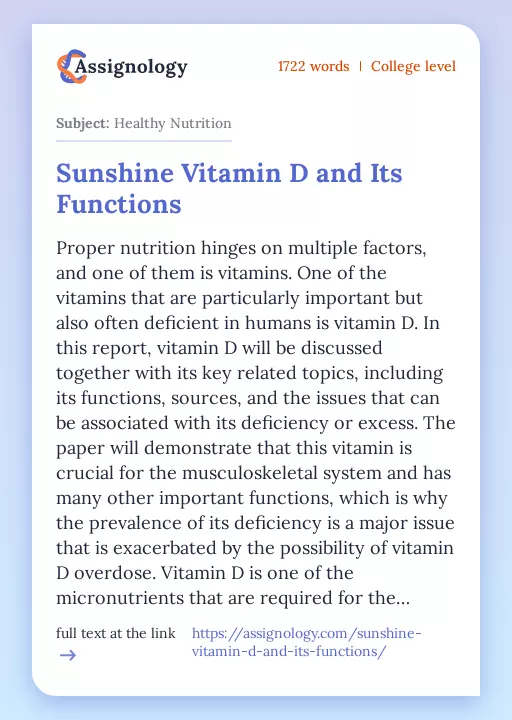 Sunshine Vitamin D and Its Functions - Essay Preview