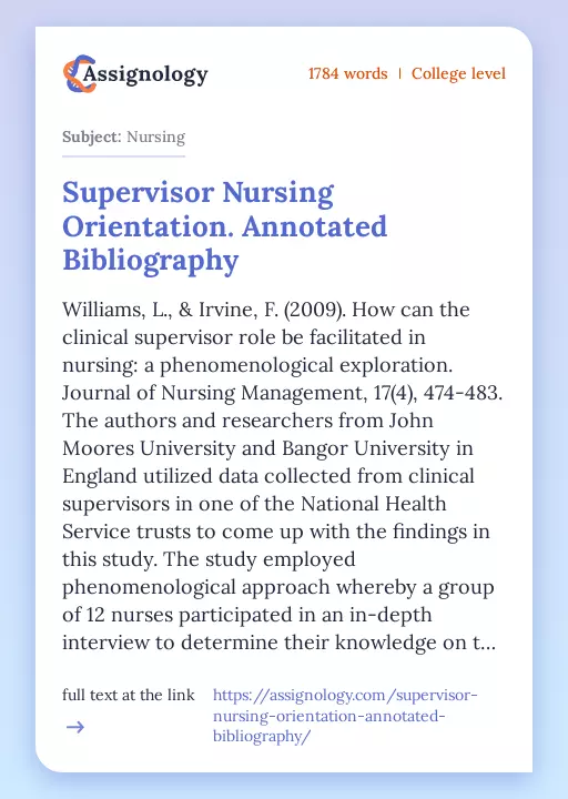 Supervisor Nursing Orientation. Annotated Bibliography - Essay Preview